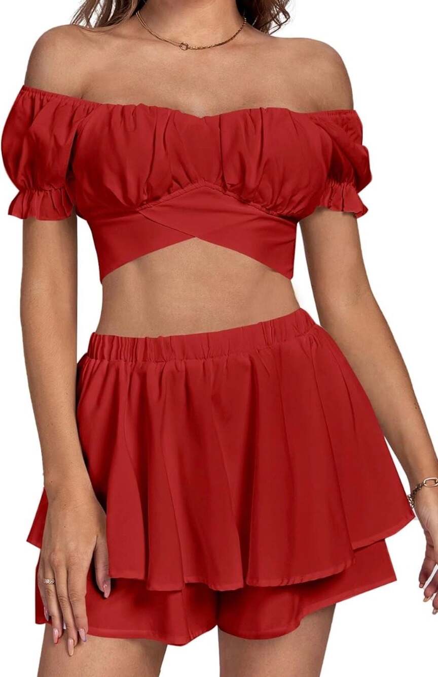Umenlele Women's 2 Piece Red Outfit Off Shoulder Tie Back Crop Top and Layered R